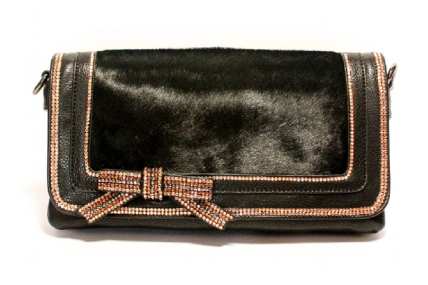 Luxurious Black Leather and 'Pony Hair' bag with diamanté trim.
